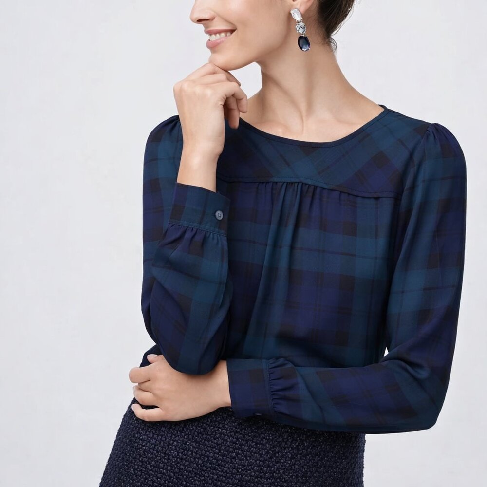 J. CREW‎ Black Watch Plaid Top with Piping Tartan Blouse SZ M